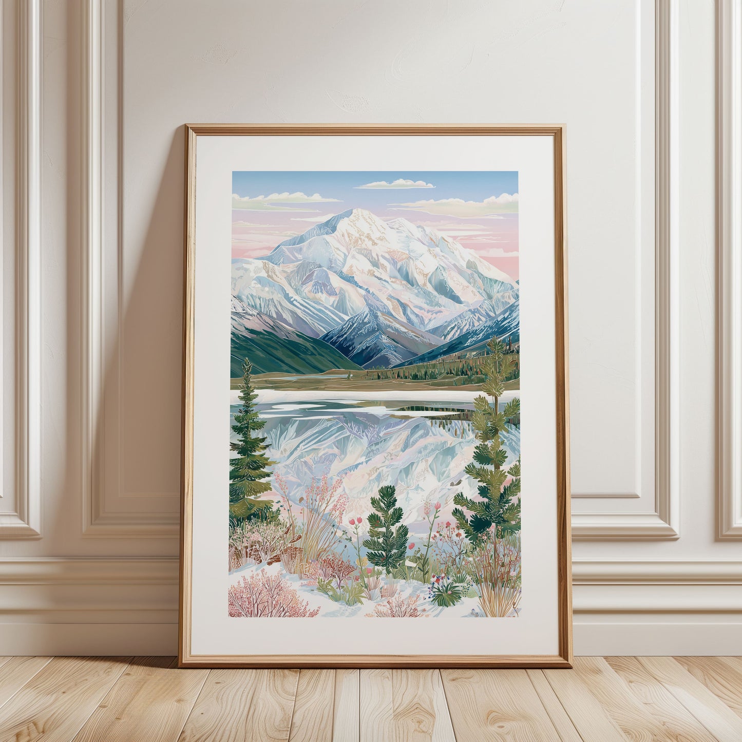 Denali National Park Mountain Poster — Alaska Snowy Peak & Lake Wall Art