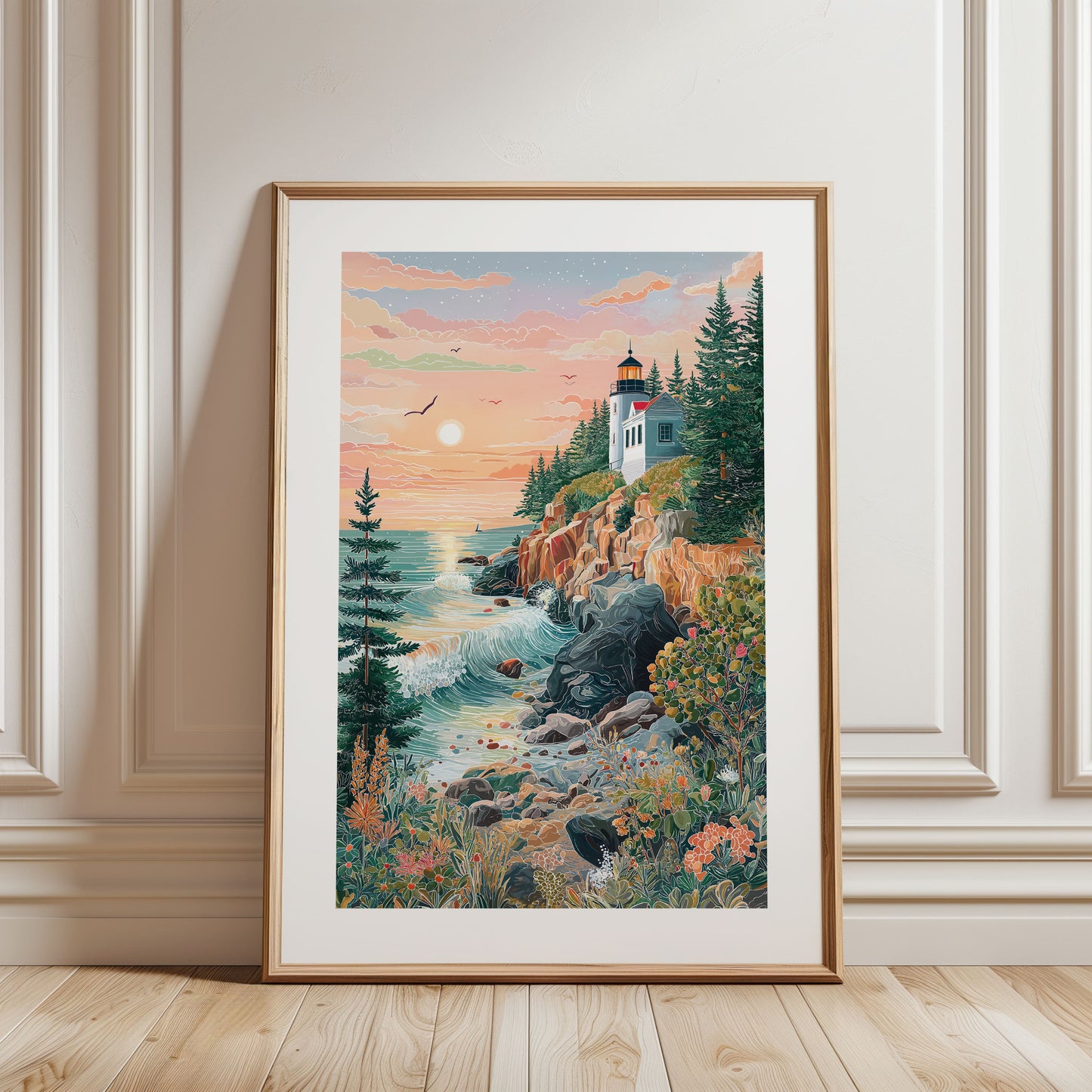 Acadia National Park Poster — Bass Harbor Head Lighthouse Sunset Ocean Travel Print