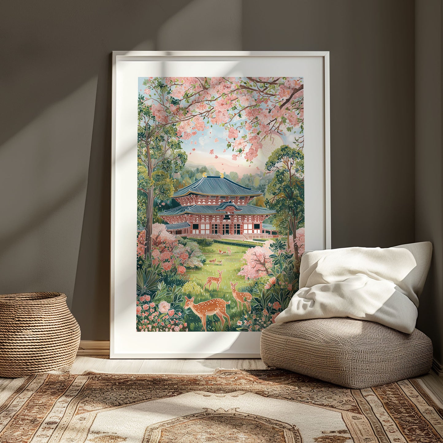 Japan Travel Poster — Nara Spring Todai-ji Temple & Deer Cherry Blossom Print