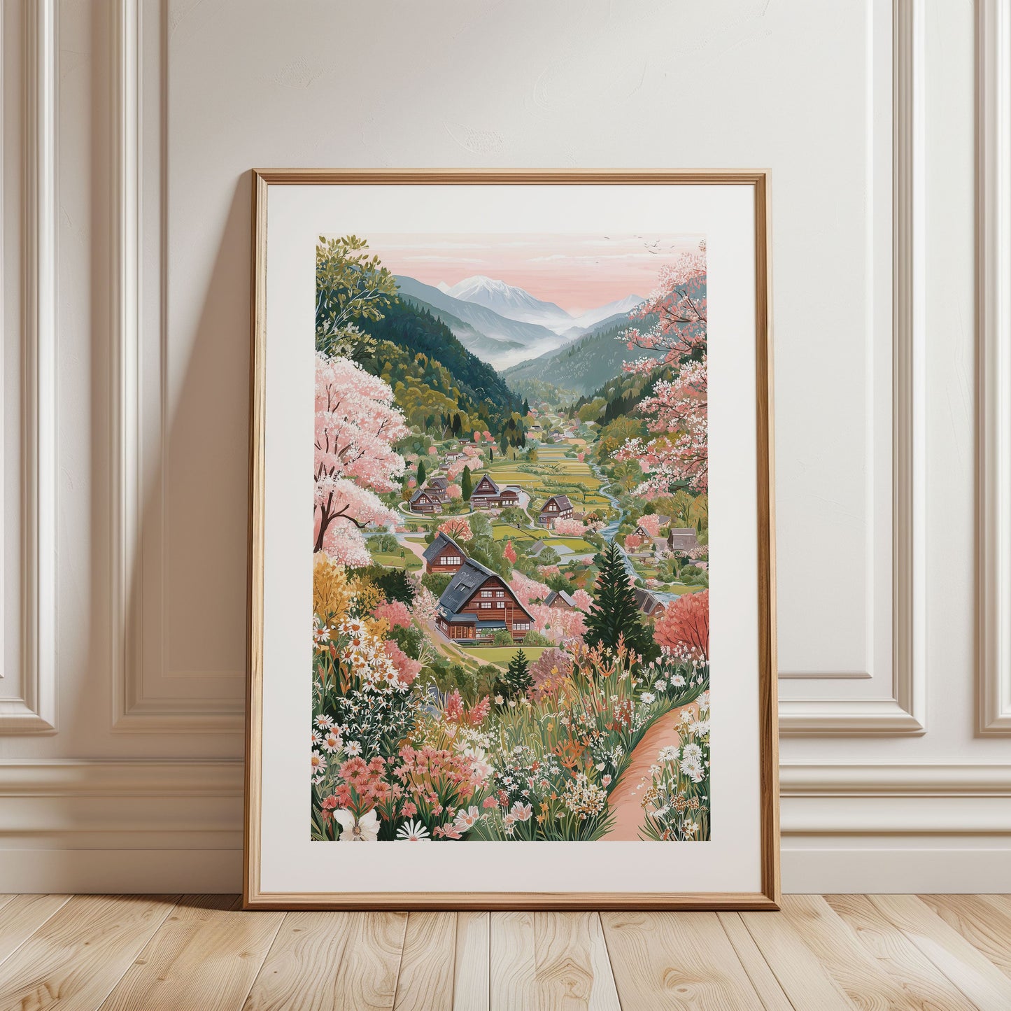 Japanese Countryside Poster — Sakura Village Cherry Blossom Landscape Print