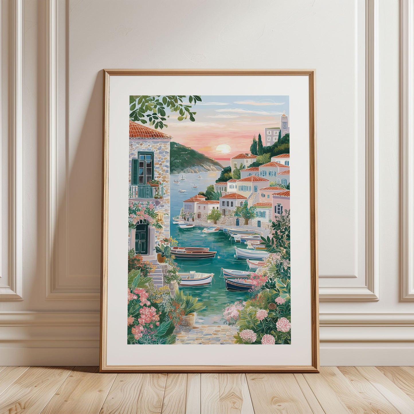Hydra Greece Travel Poster — Romantic Greek Island Sunset Wall Art