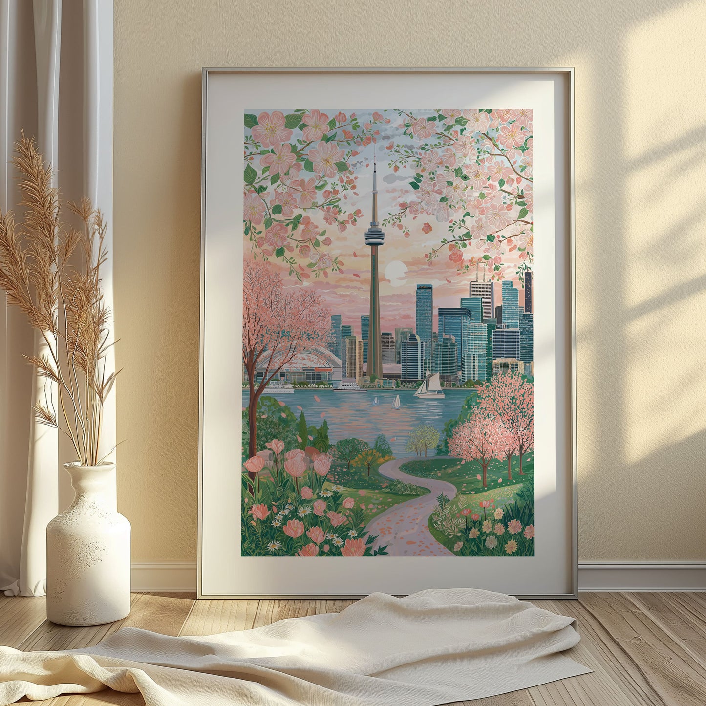 Toronto Spring Floral Cityscape Poster — CN Tower Pastel Travel Art