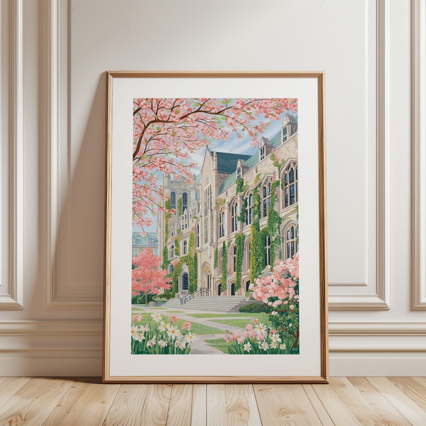 Northwestern Evanston Spring Poster — Pink Campus Illustration Wall Art
