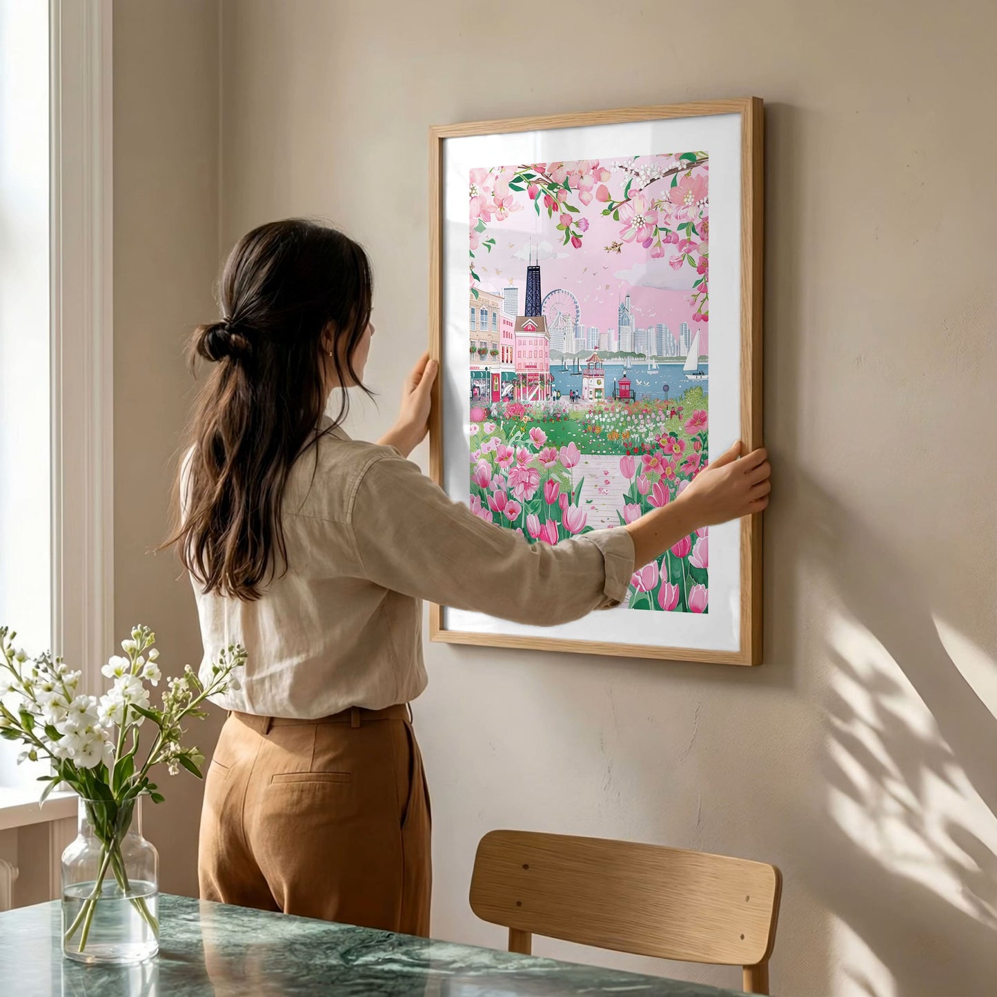Chicago Watercolor Skyline Poster — Whimsical Lakefront Giclée Art Print
