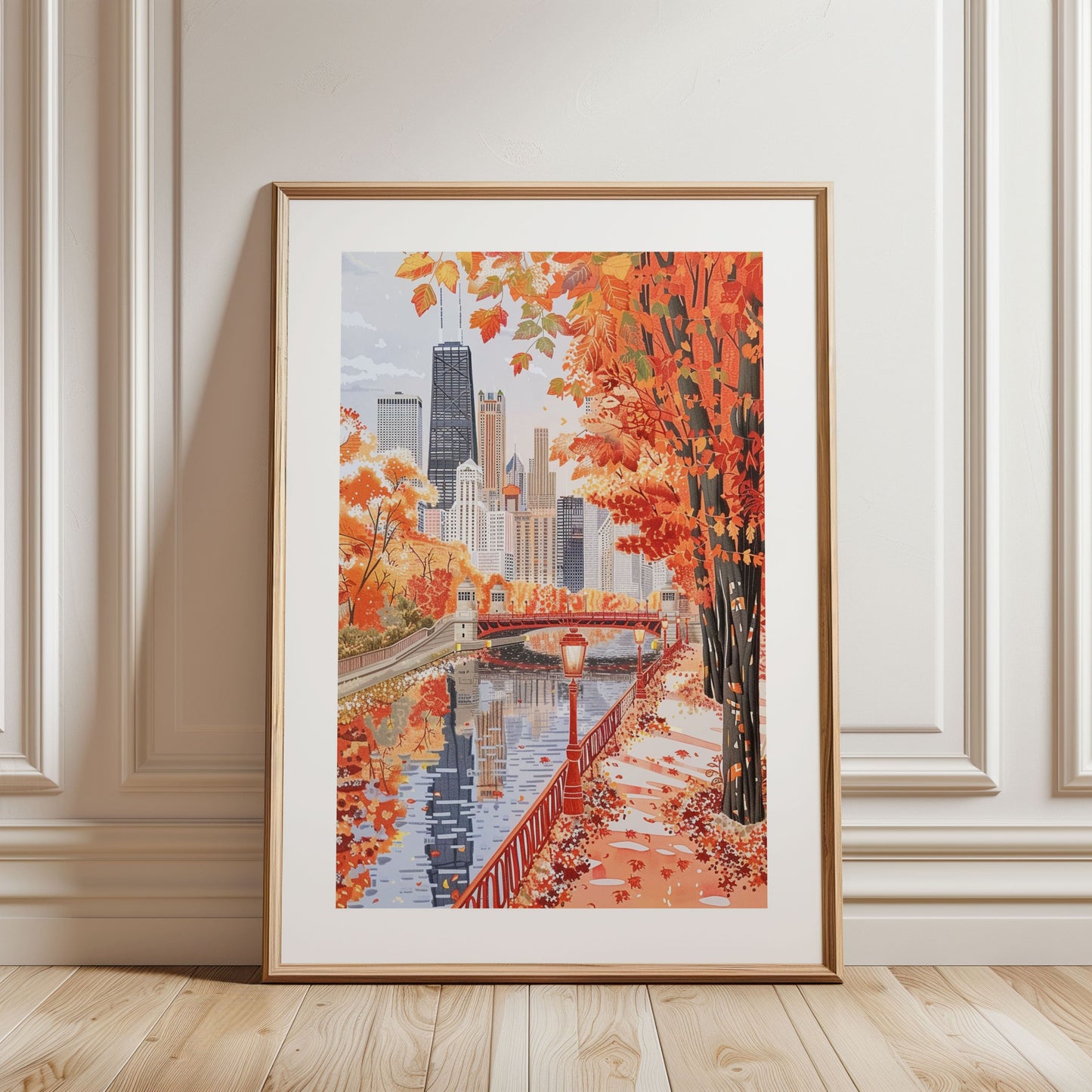 Chicago in Fall Poster — Cozy Autumn Skyline & Riverwalk Wall Art