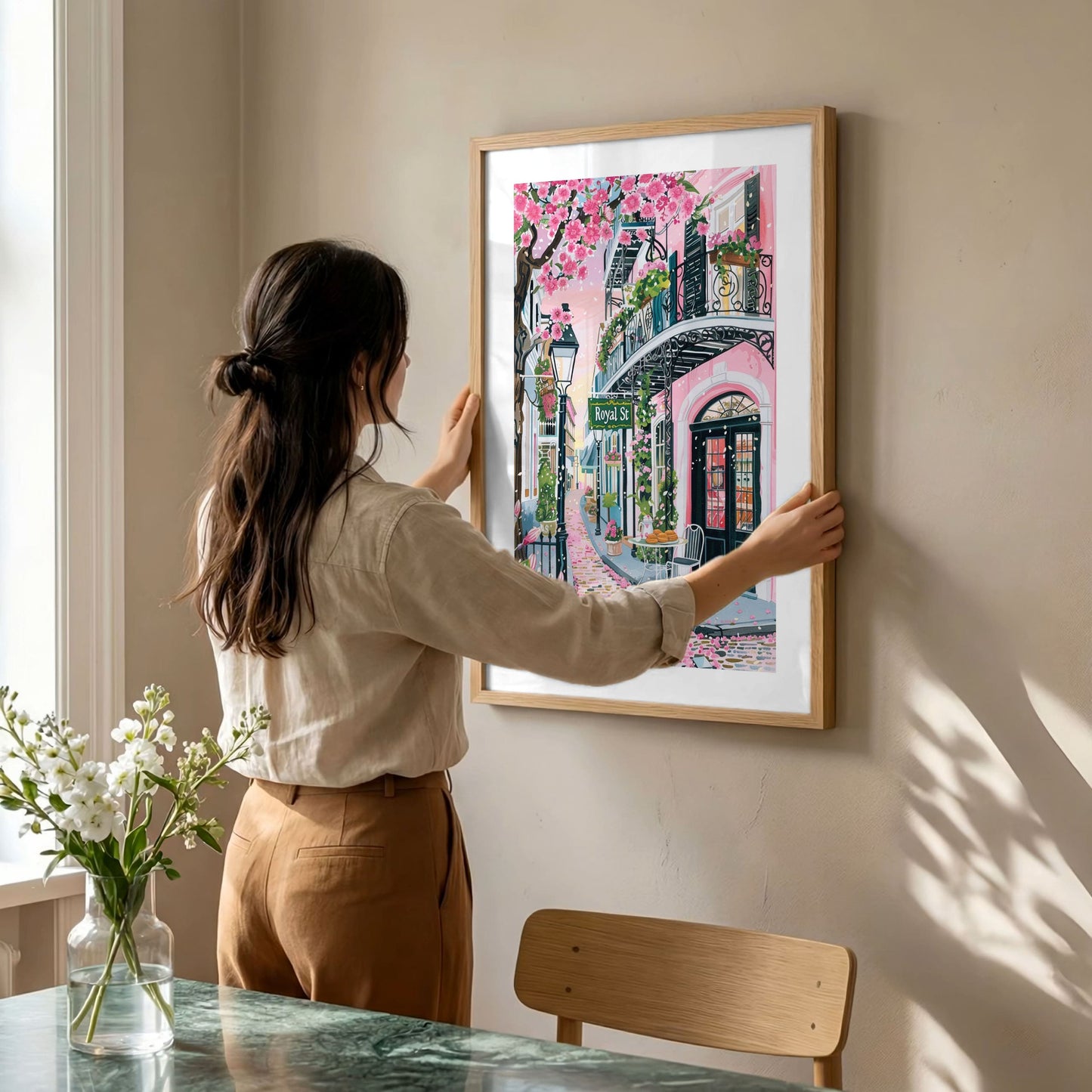 New Orleans French Quarter Street Scene Poster — Whimsical Beignet & Food Illustration