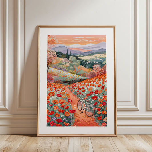 California Poppy Wall Art Poster — Whimsical Bicycle Wildflowers Spring Hillside Print