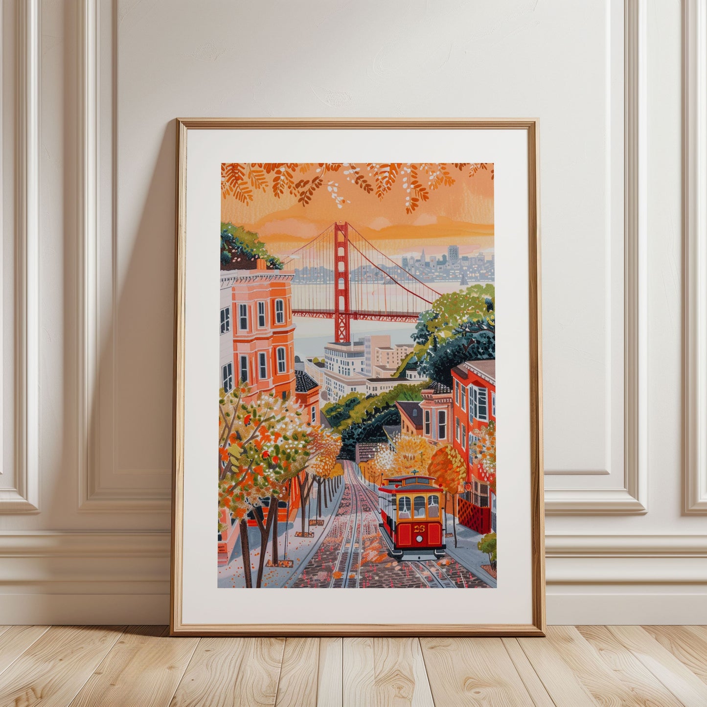Golden Gate Bridge Travel Poster — San Francisco Cable Car Gouache Art