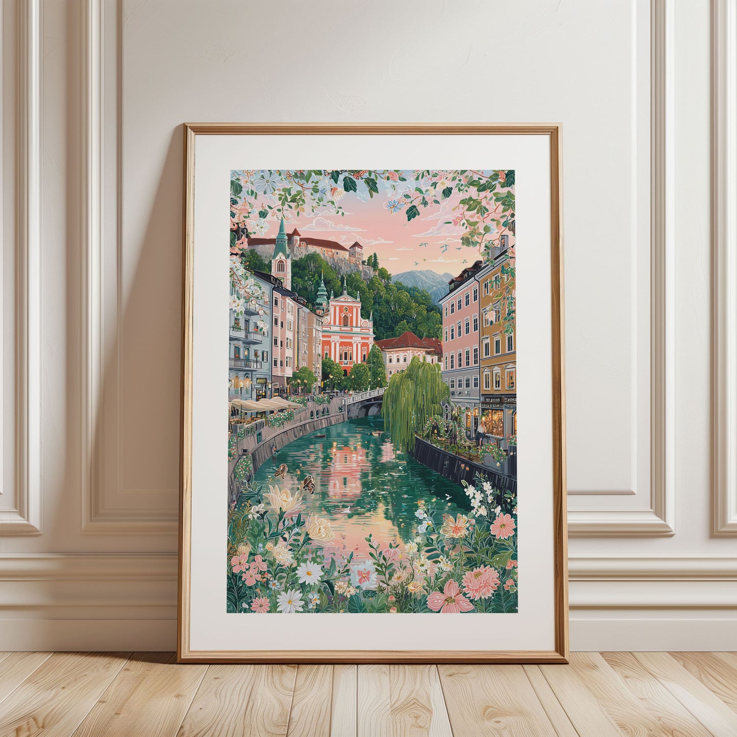 Ljubljana Slovenia Poster — Riverside Cityscape with Castle Wall Art