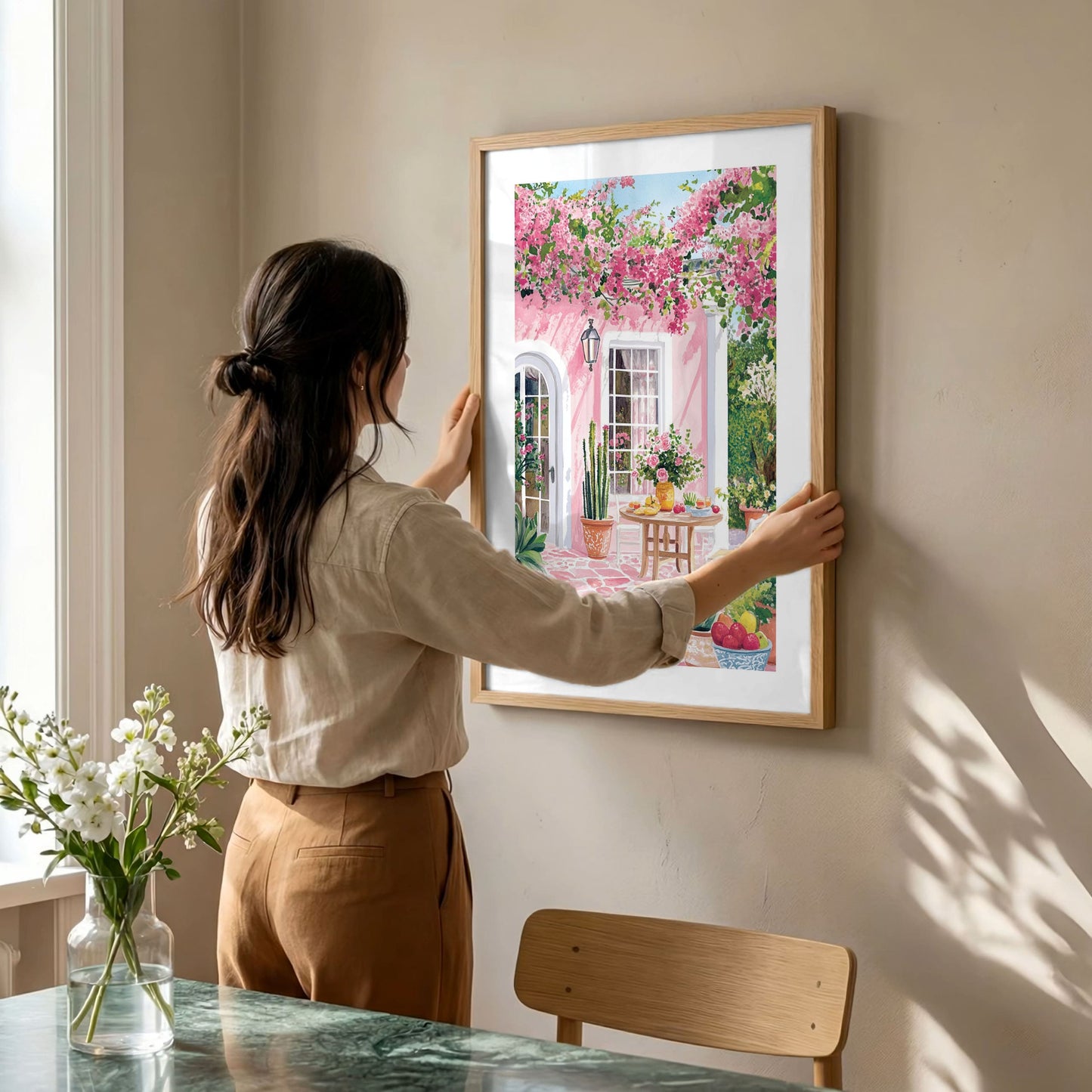 Mexican Courtyard Poster — Pink Colonial Patio with Bougainvillea & Talavera Tiles
