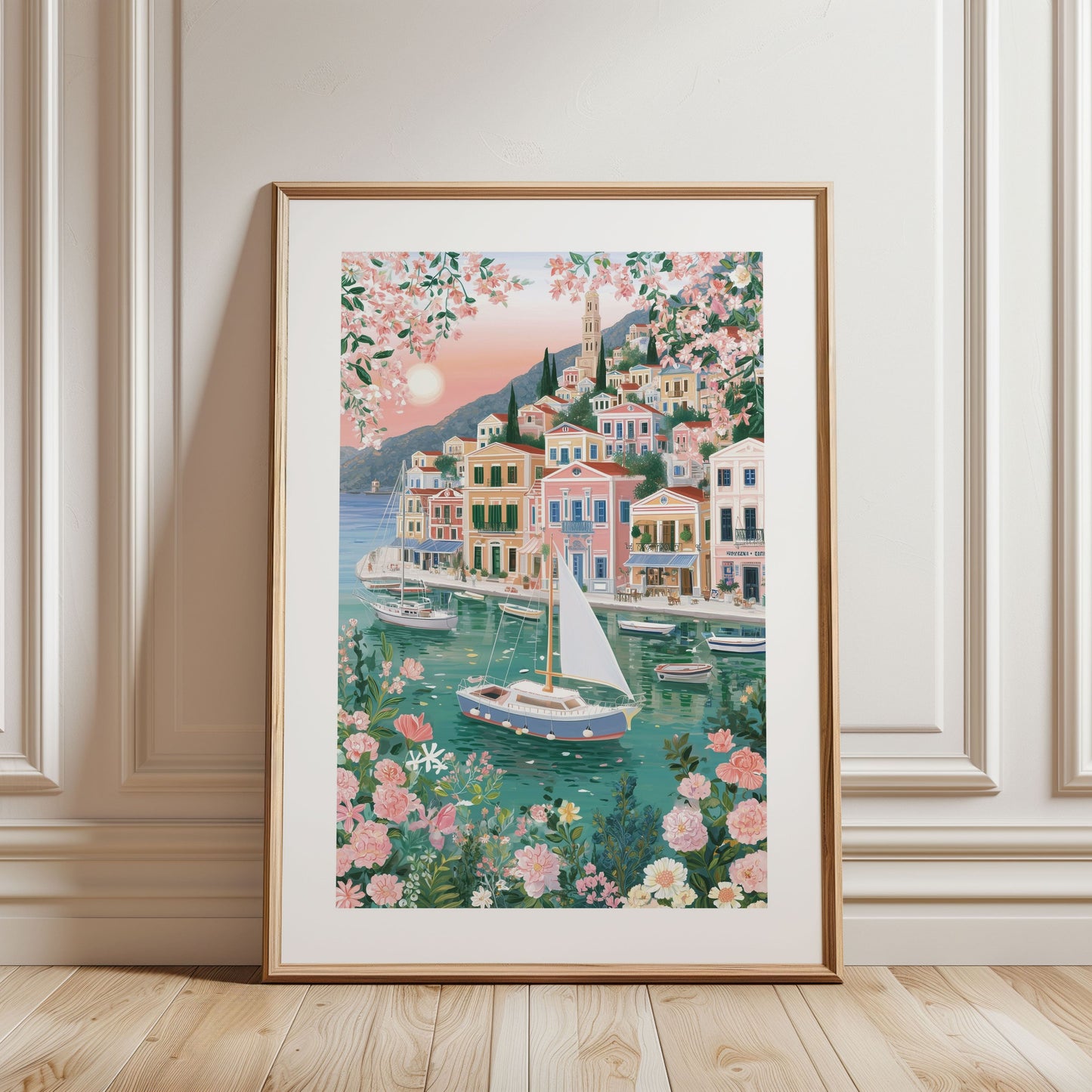 Symi Greece Travel Poster — Colorful Harbor Wall Art (Symi Island)