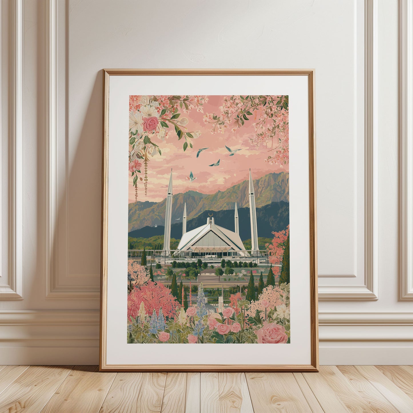 Islamabad Poster — Floral Pink Faisal Mosque Art Print