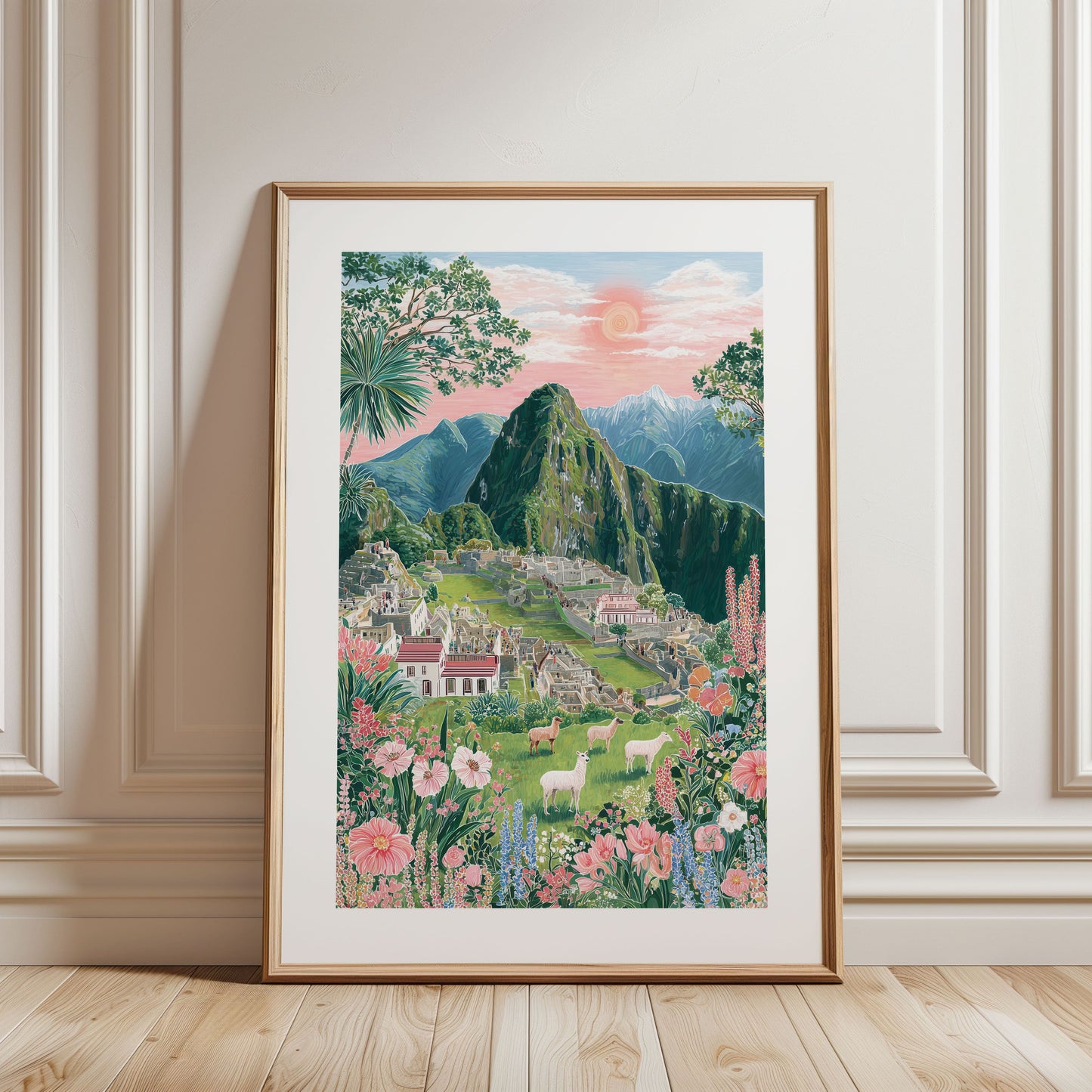 Machu Picchu Floral Art Poster — Pastel Sunrise Landscape Print