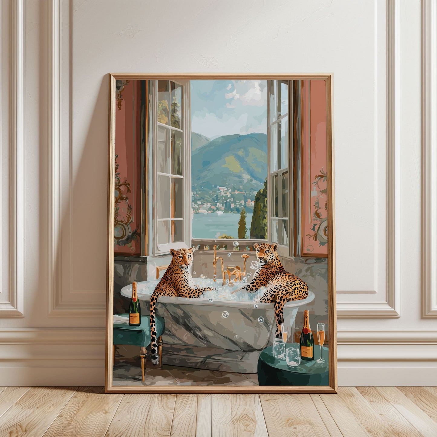 Lake Como Leopard Bathtub Poster – Luxury Animal Wall Art, Funny Travel Print