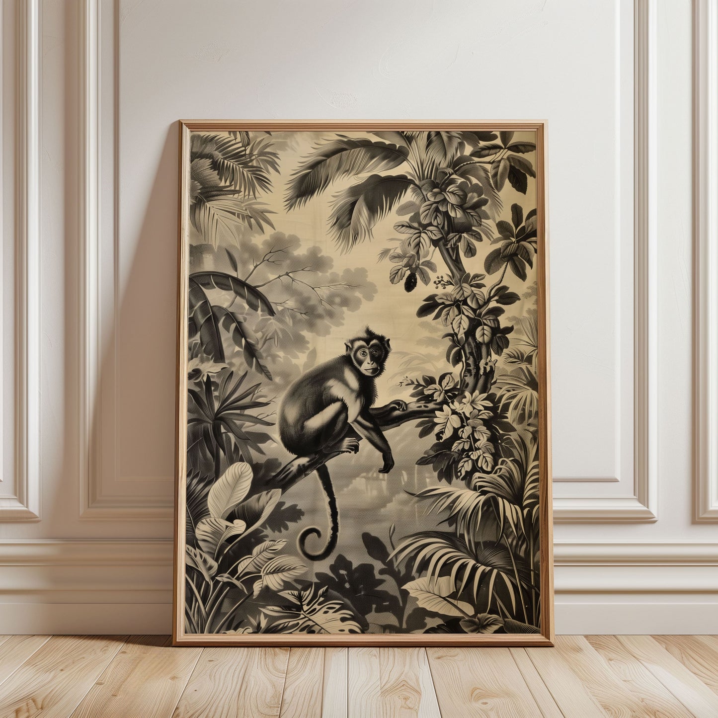 Vintage Monkey Jungle Poster – Antique Safari Wall Art, Monochrome Wildlife Print