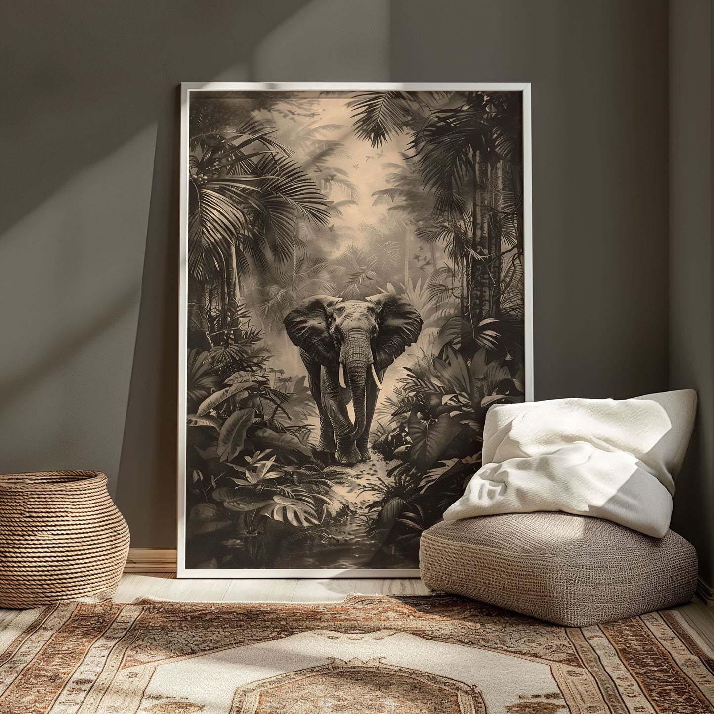 Vintage Elephant Jungle Poster – Antique Safari Wall Art, Monochrome Wildlife Print