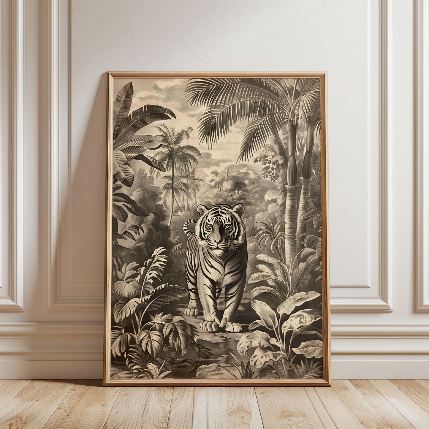 Vintage Tiger Jungle Poster – Antique Wildlife Wall Art, Monochrome Safari Print