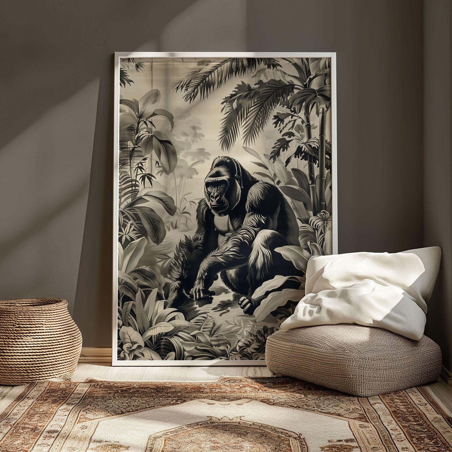 Vintage Gorilla Jungle Poster – Antique Safari Wall Art, Monochrome Wildlife Print