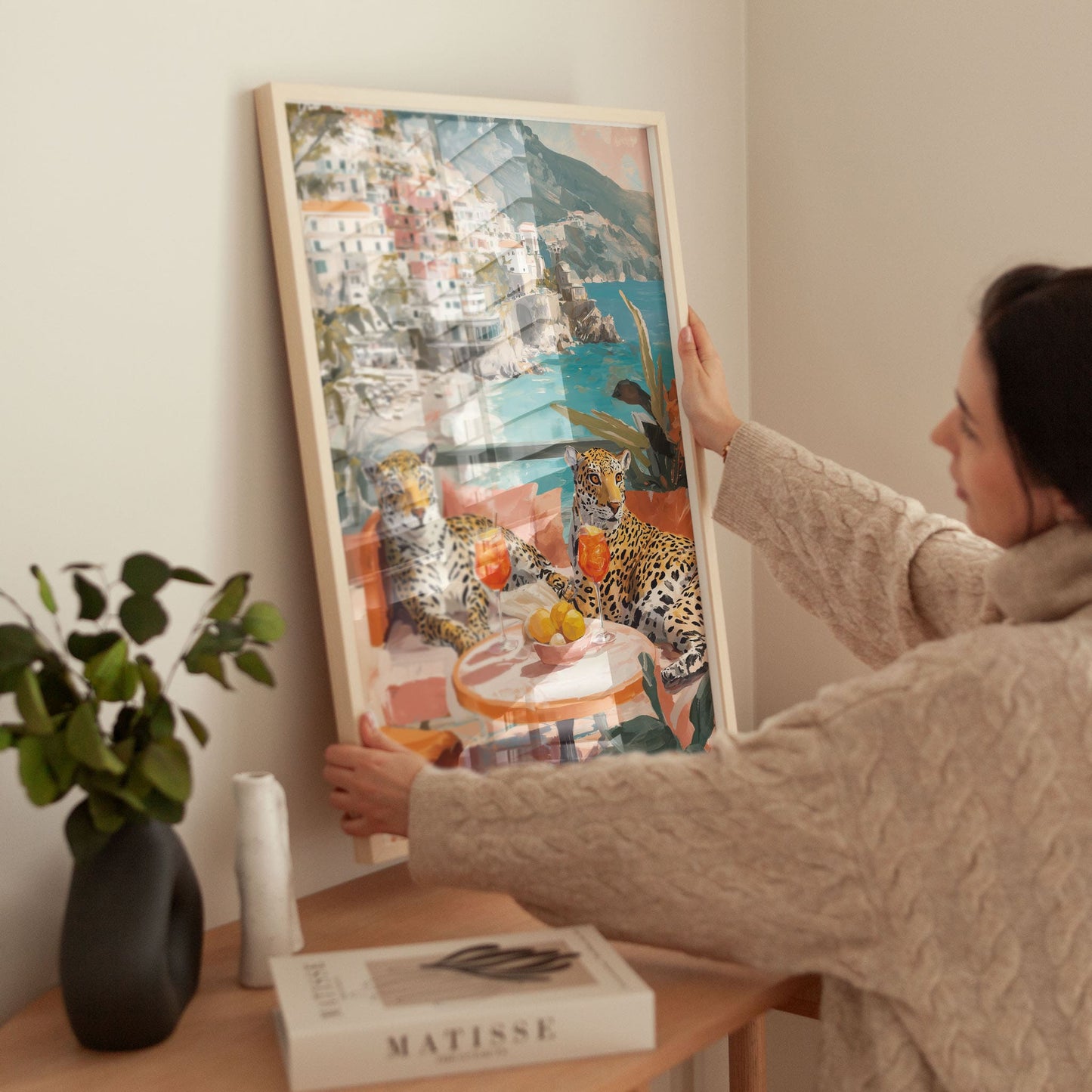 Amalfi Coast Leopard Poster – Aperol Spritz Wall Art, Luxury Animal Coastal Print