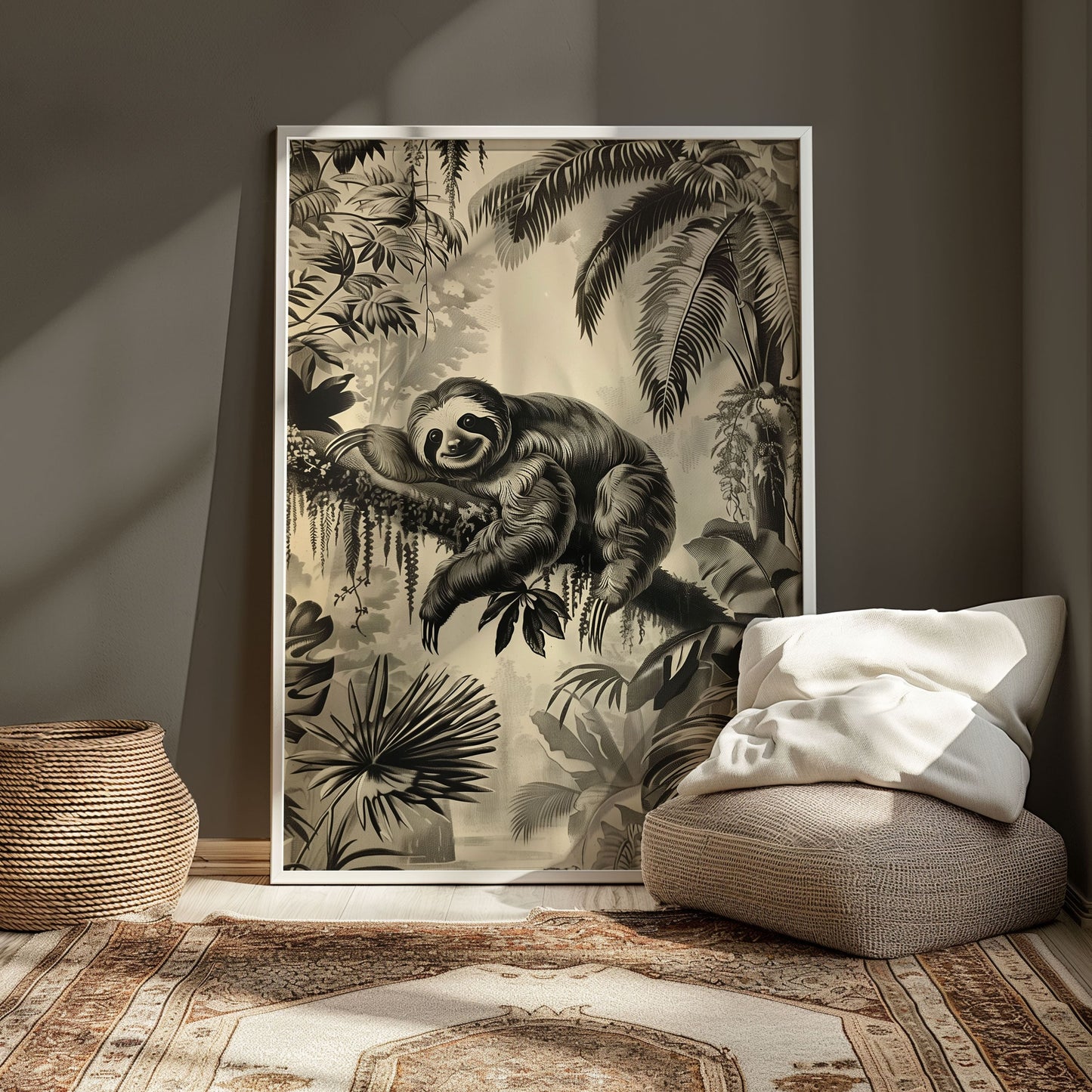 Vintage Sloth Jungle Poster – Antique Tropical Animal Wall Art, Monochrome Safari Print