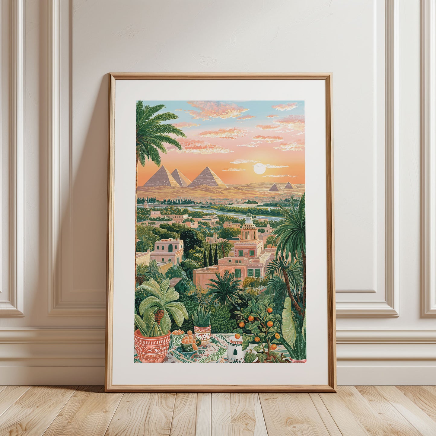 Cairo Egypt Poster – Pyramids Sunset Wall Art, Vintage Travel Print Middle East Landscape