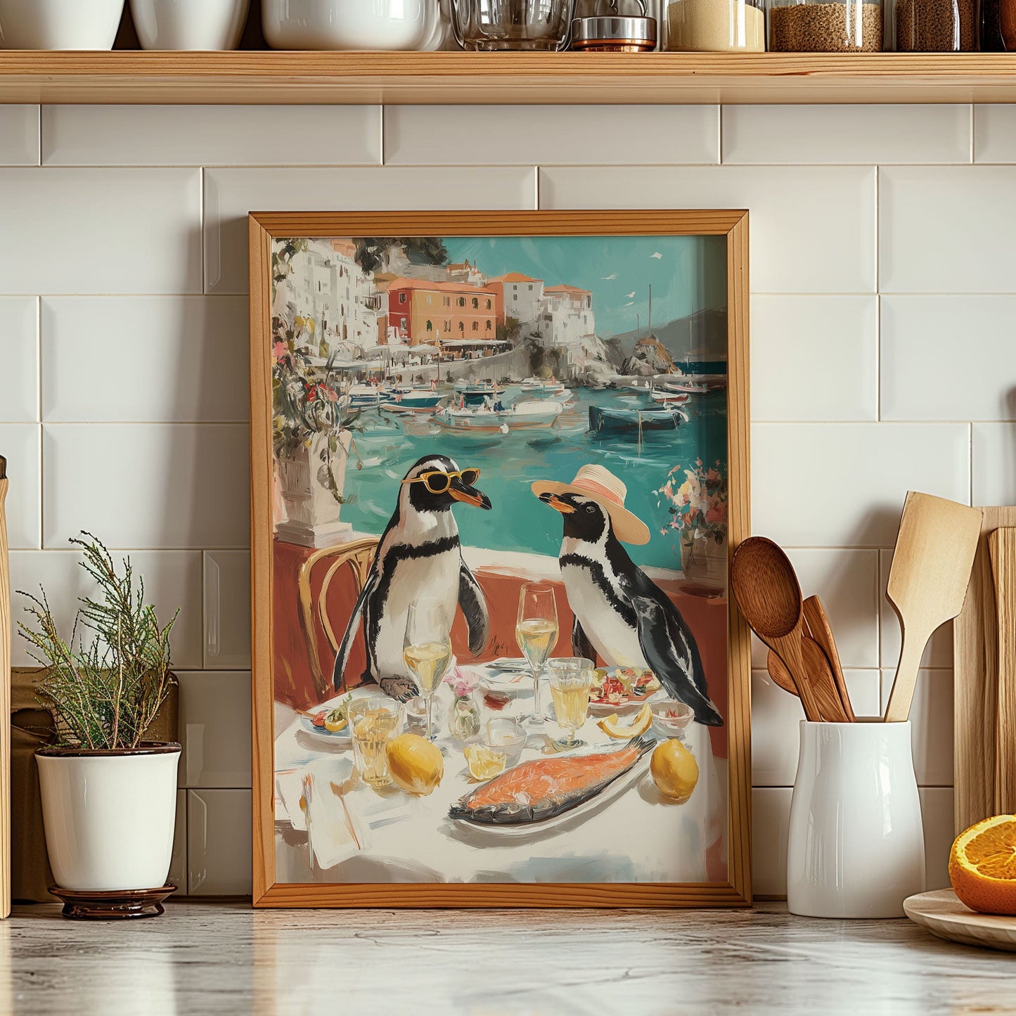Corsica Penguin Poster – Funny Animal Wall Art, Coastal Dining Scene Travel Print