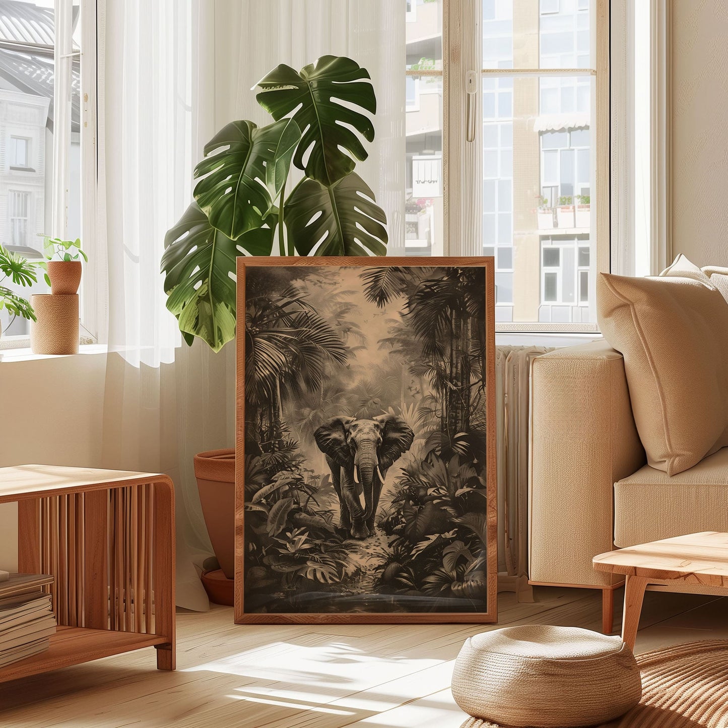 Vintage Elephant Jungle Poster – Antique Safari Wall Art, Monochrome Wildlife Print