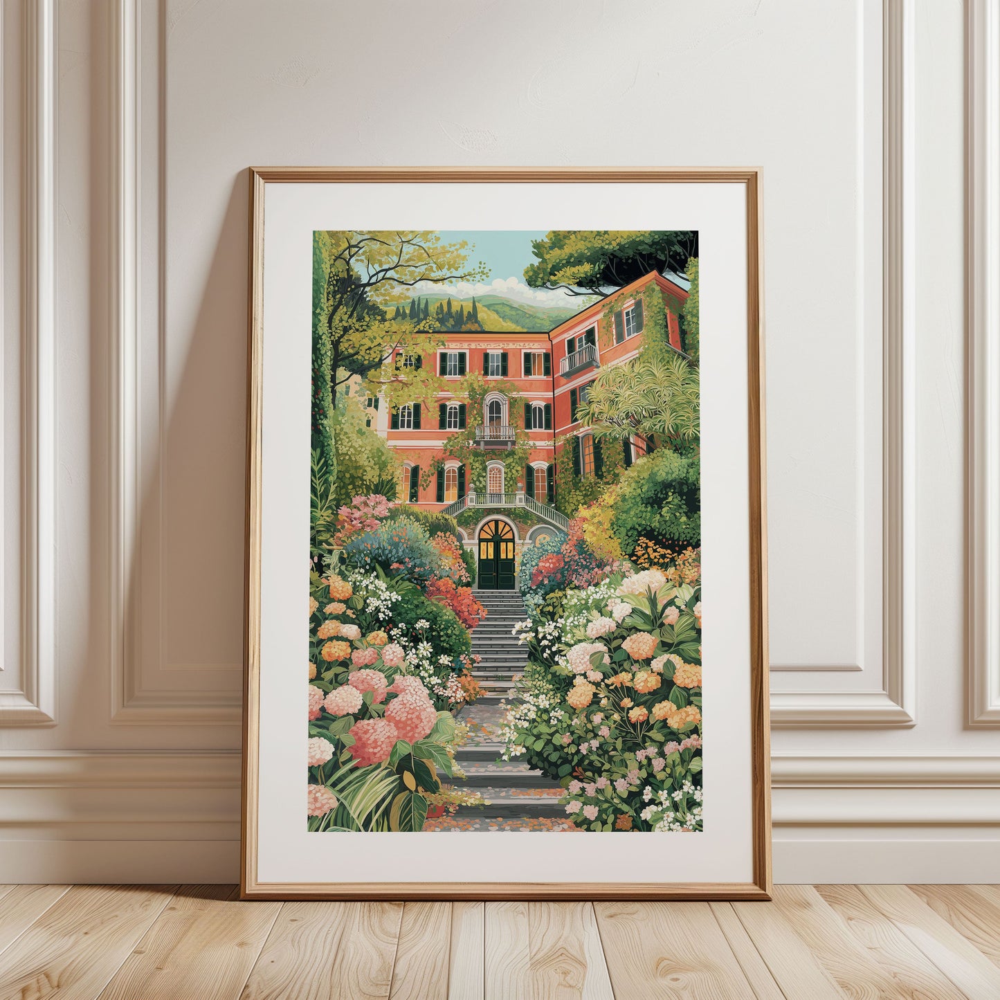 Lake Como Villa Poster – Italian Luxury Wall Art, Romantic Floral Mediterranean Print