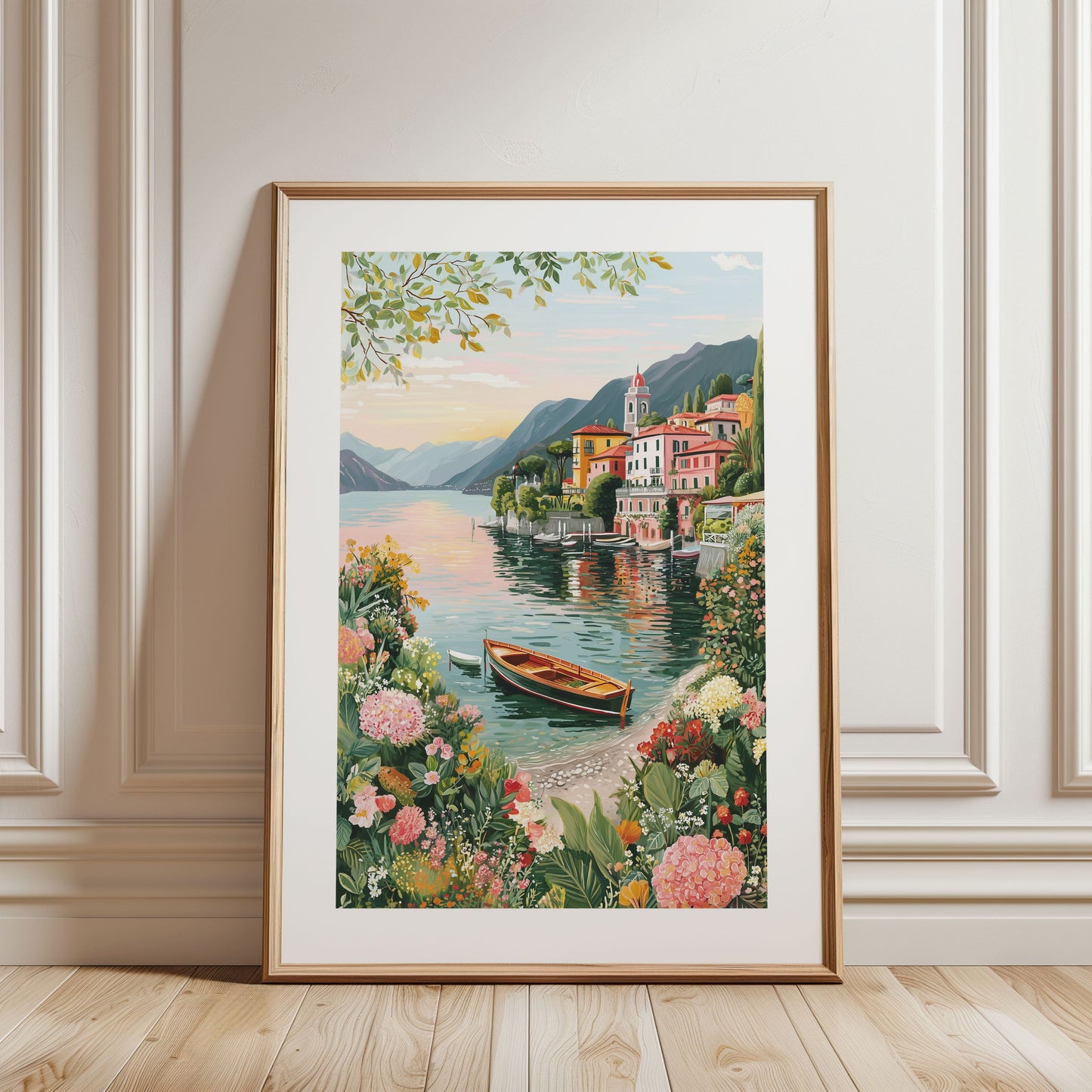 Lake Como Boat Poster – Italian Sunset Wall Art, Romantic Mediterranean Travel Print