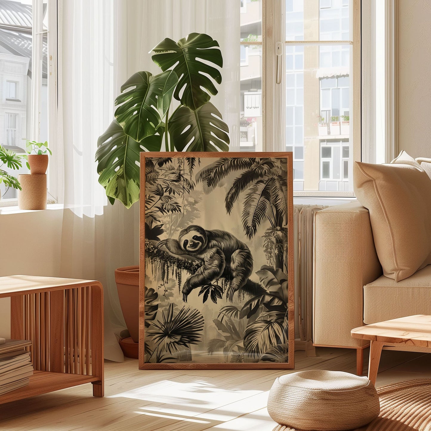 Vintage Sloth Jungle Poster – Antique Tropical Animal Wall Art, Monochrome Safari Print