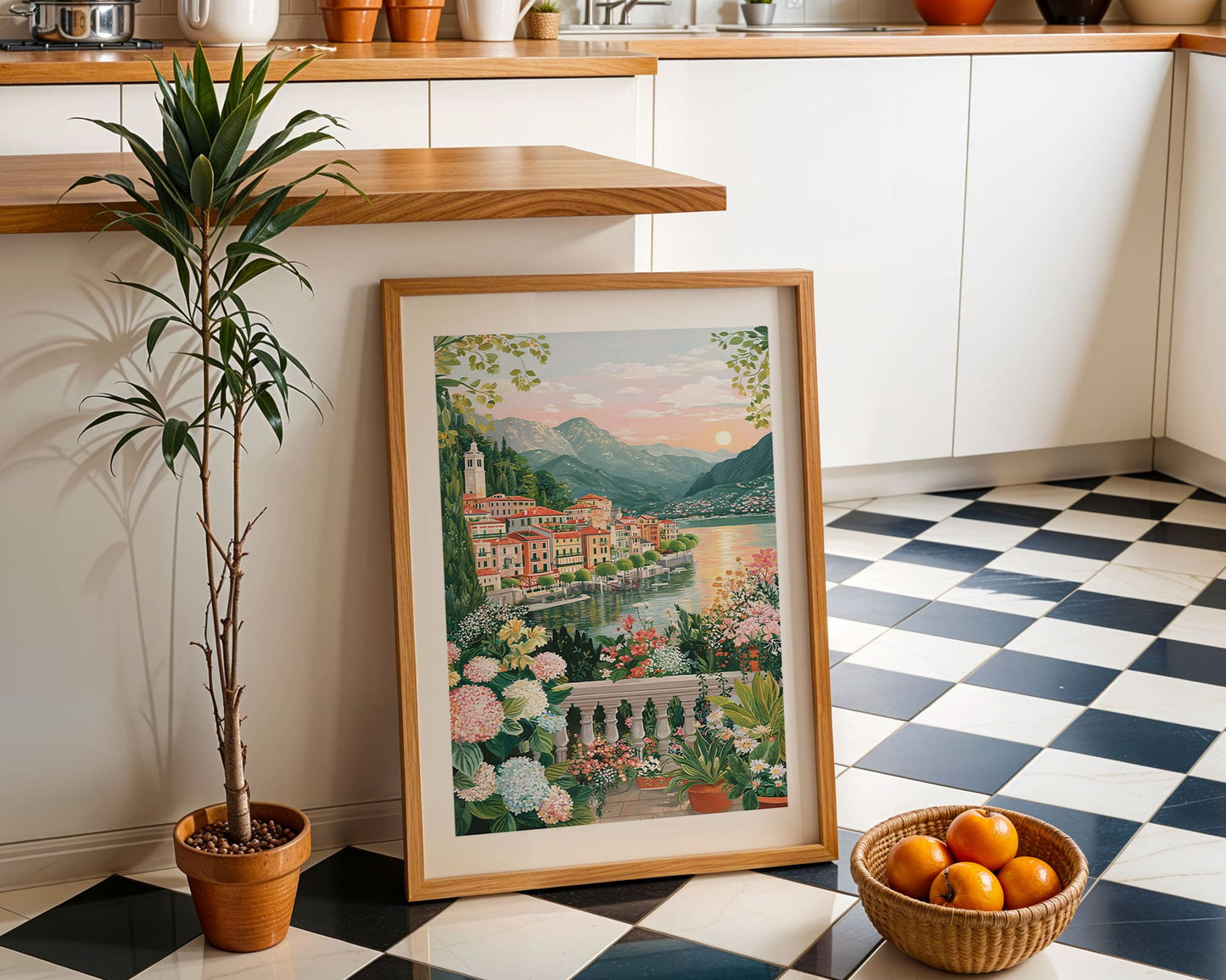Lake Como Italy Poster – Romantic Sunset Wall Art, Mediterranean Floral Travel Print