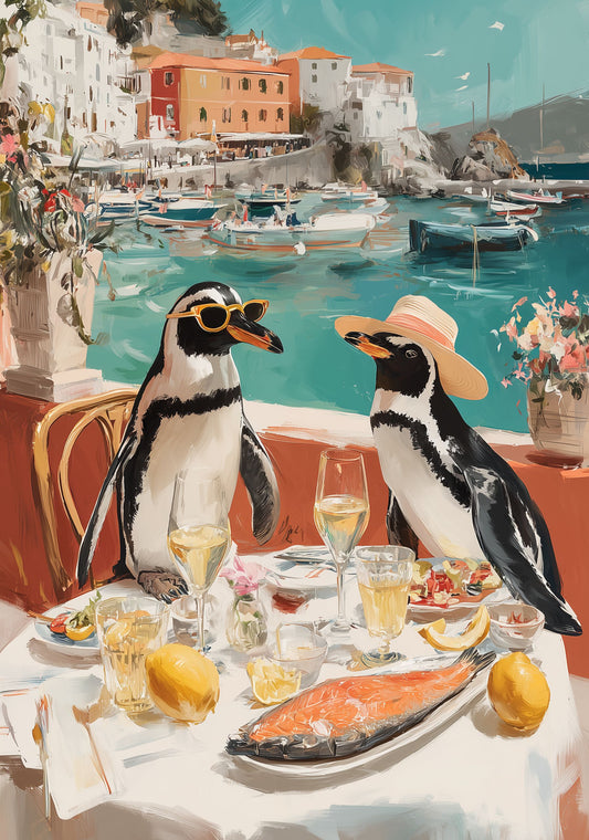 Corsica Penguin Poster – Funny Animal Wall Art, Coastal Dining Scene Travel Print