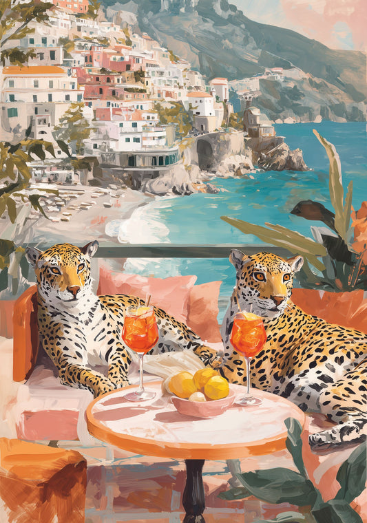 Amalfi Coast Leopard Poster – Aperol Spritz Wall Art, Luxury Animal Coastal Print