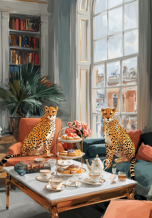 London Cheetah Tea Poster – Afternoon Tea Wall Art, Luxury Animal Living Room Print