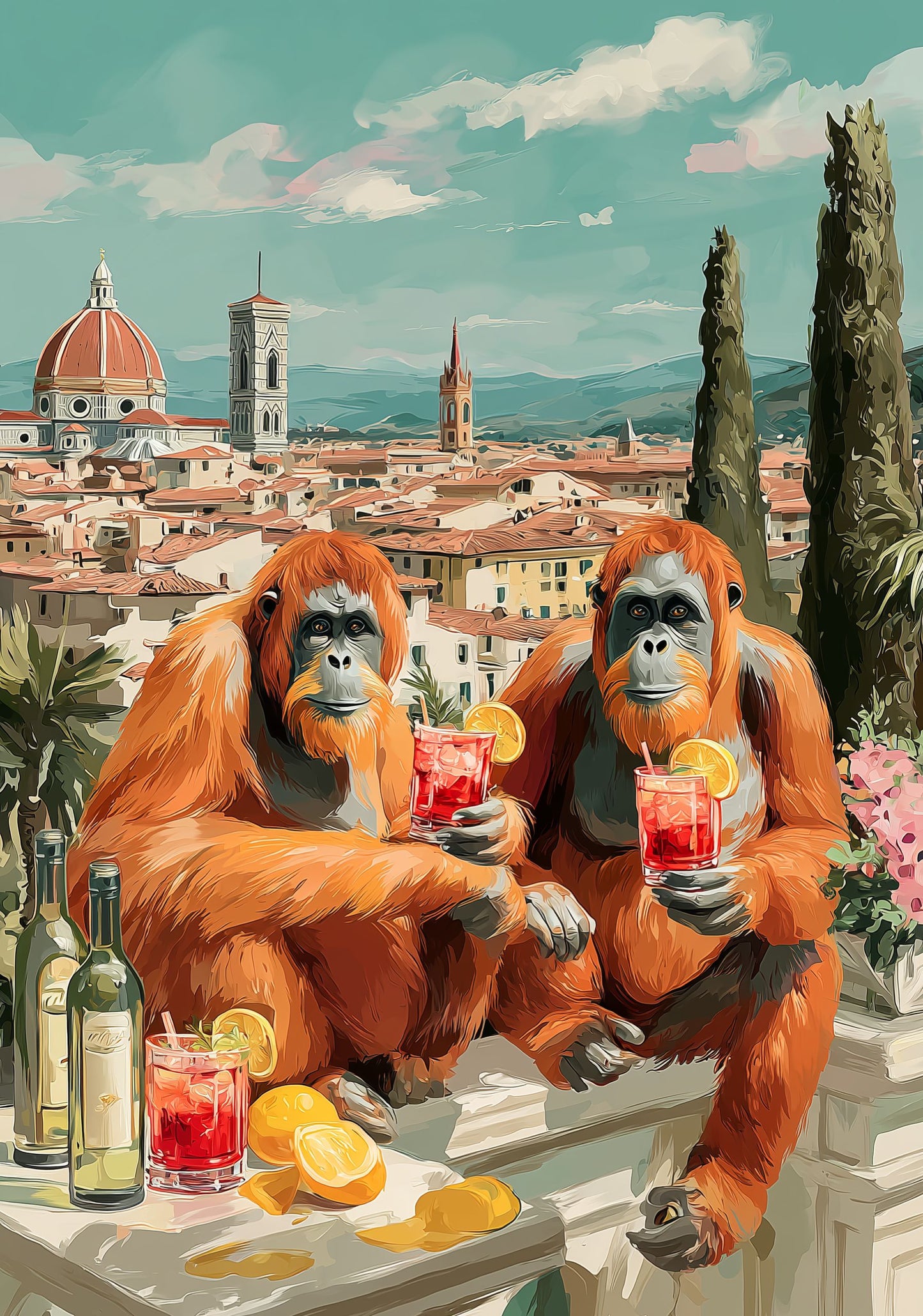 Florence Orangutan Negroni Poster – Italian Aperitivo Wall Art, Funny Animal Print