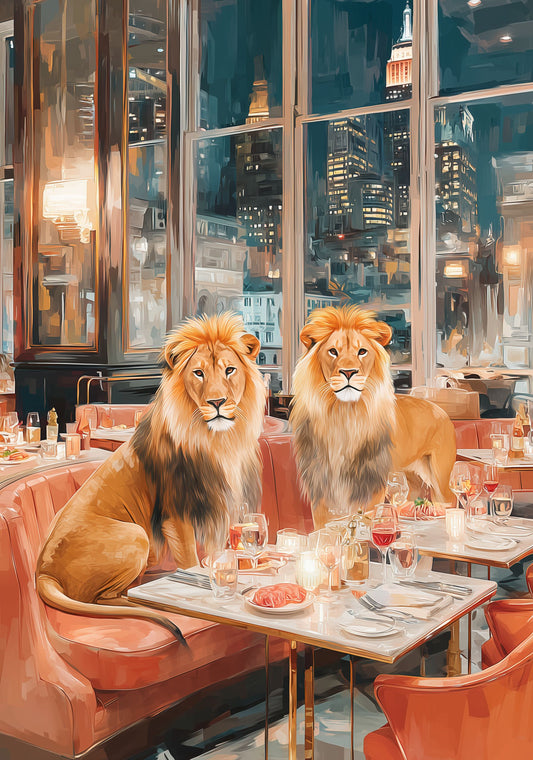 New York Lion Poster – Luxury Animal Wall Art, NYC Skyline Dinner Print