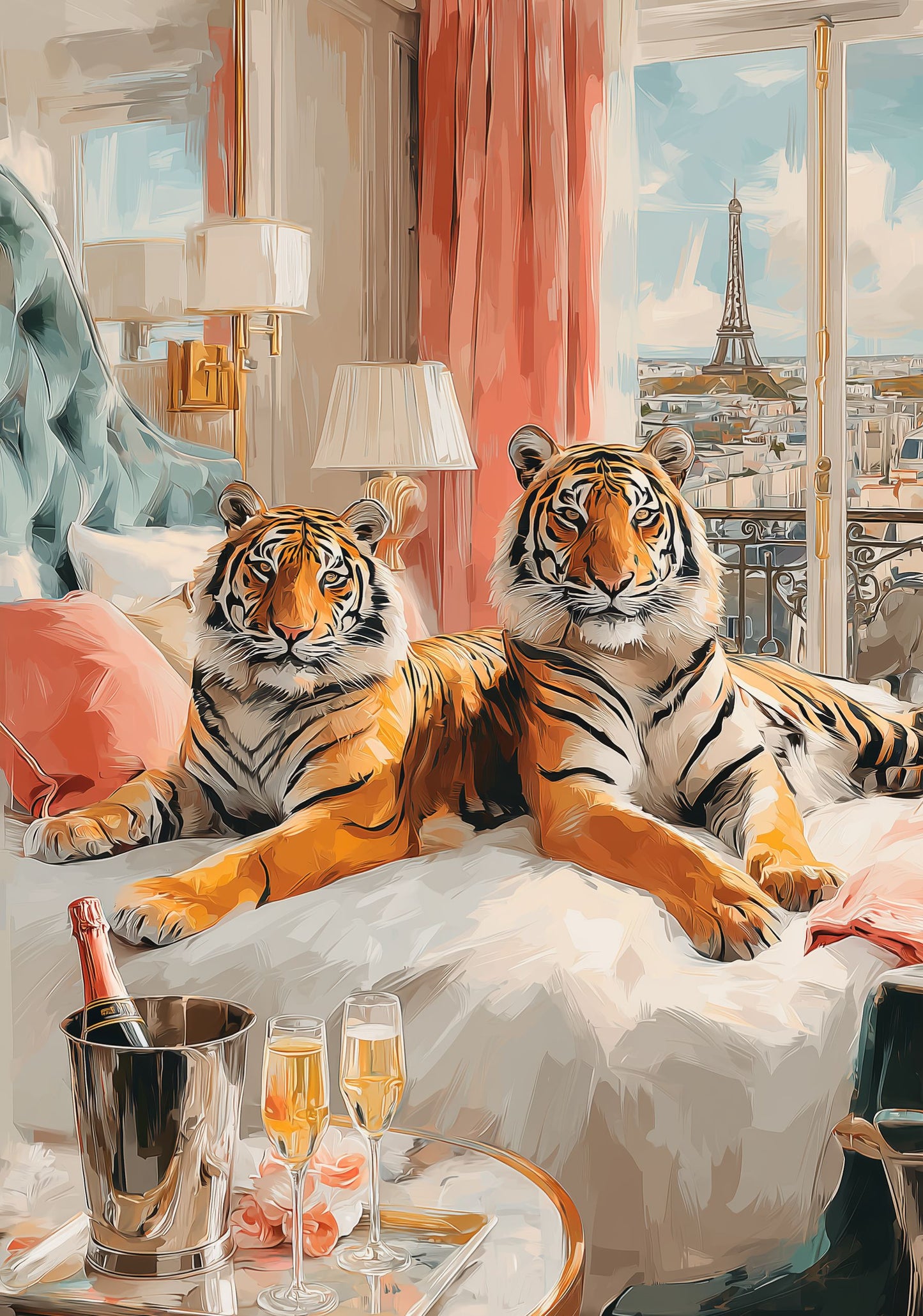 Paris Tiger Champagne Poster – Luxury Animal Wall Art, Romantic Paris Hotel Print