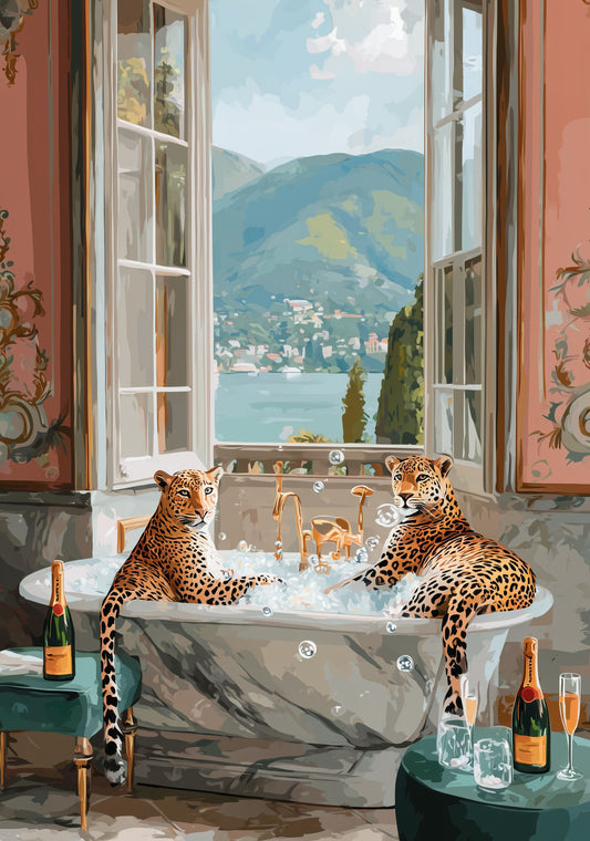 Lake Como Leopard Bathtub Poster – Luxury Animal Wall Art, Funny Travel Print