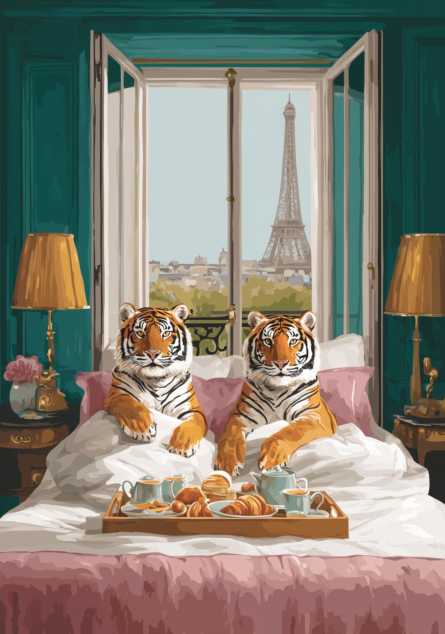 Paris Tiger Breakfast Poster – Luxury Animal Wall Art, Cozy Eiffel Tower Print