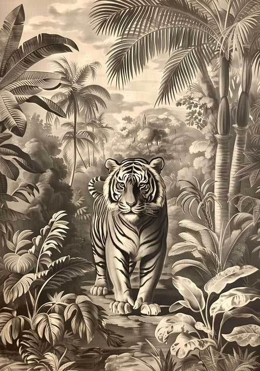 Vintage Tiger Jungle Poster – Antique Wildlife Wall Art, Monochrome Safari Print