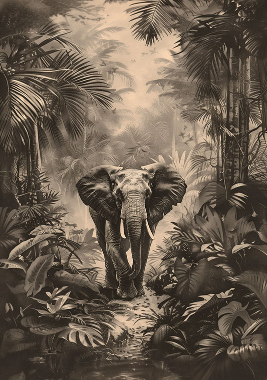 Vintage Elephant Jungle Poster – Antique Safari Wall Art, Monochrome Wildlife Print