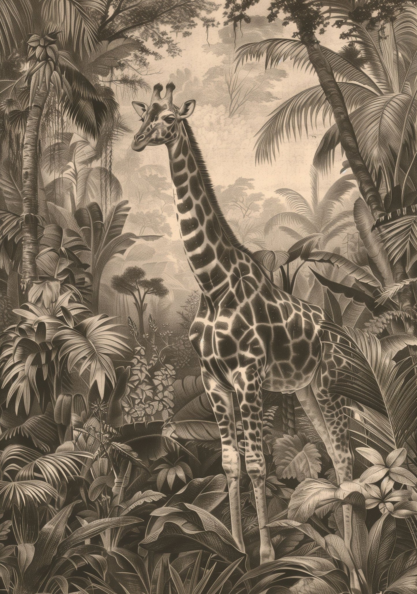Vintage Giraffe Jungle Poster – Antique Safari Wall Art, Monochrome Wildlife Print