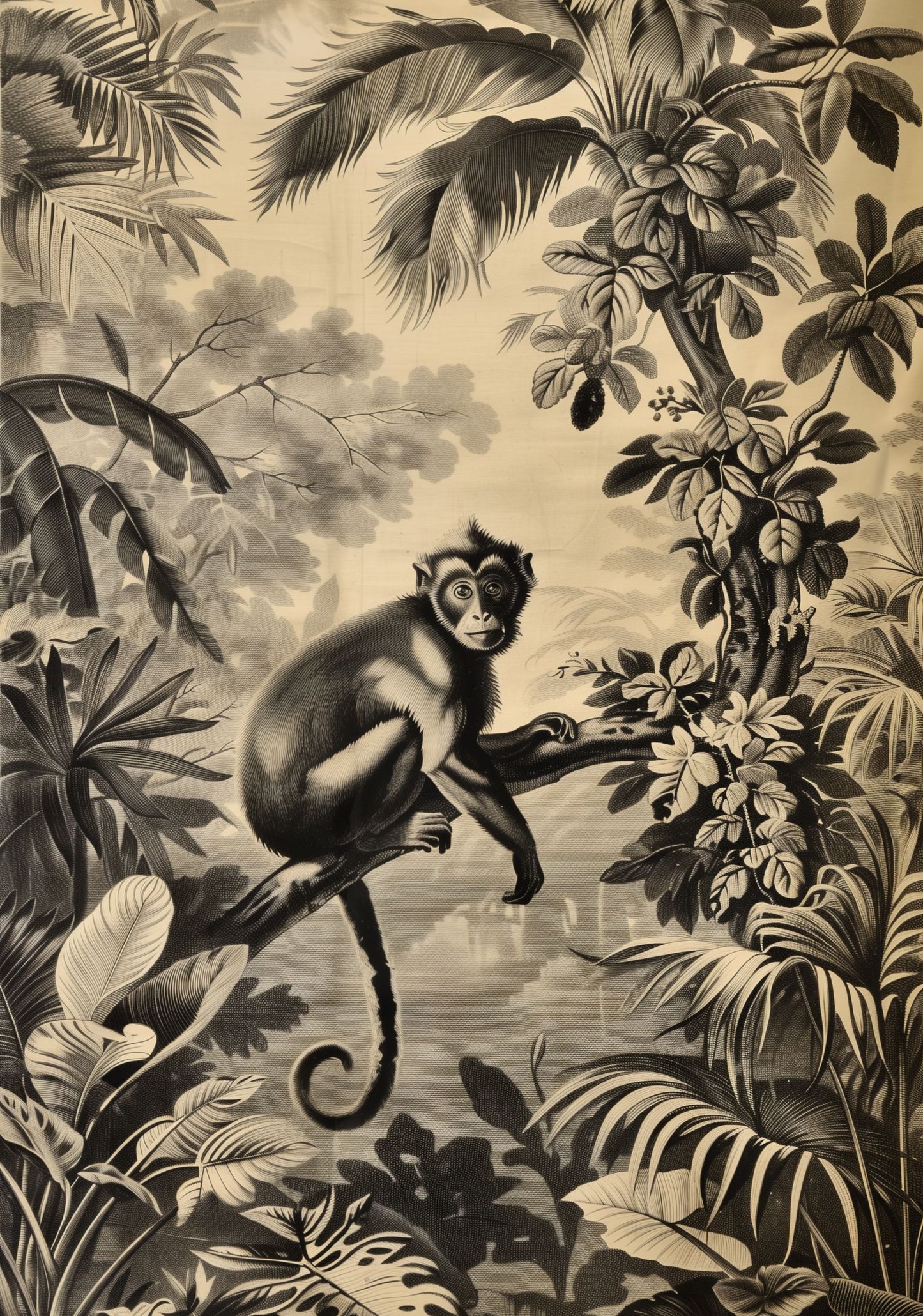 Vintage Monkey Jungle Poster – Antique Safari Wall Art, Monochrome Wildlife Print