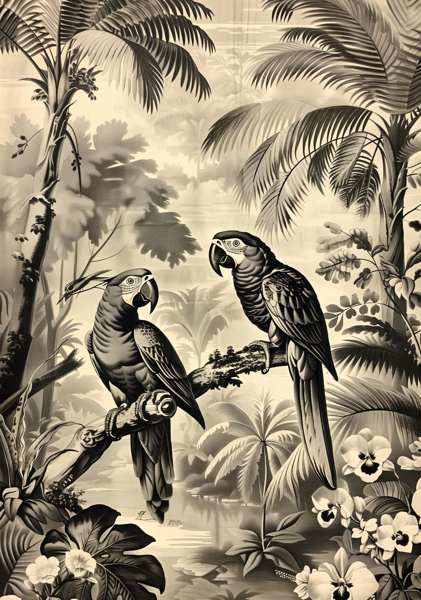 Vintage Parrot Jungle Poster – Antique Tropical Bird Wall Art, Monochrome Safari Print