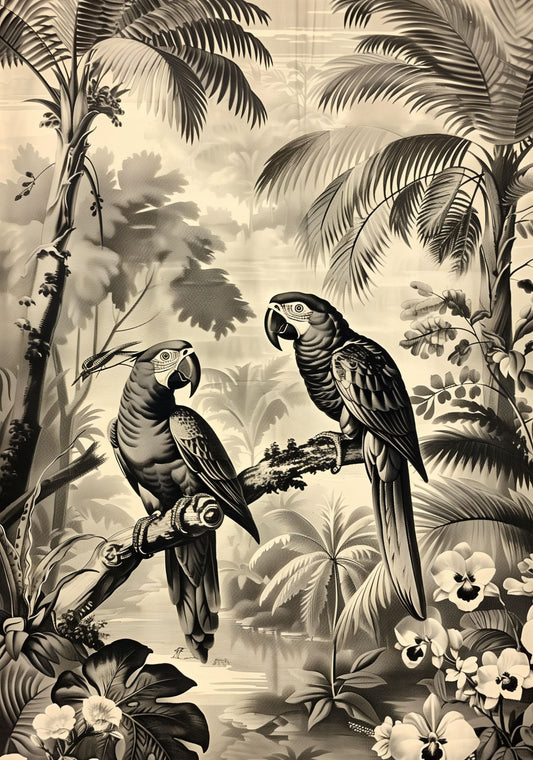 Vintage Parrot Jungle Poster – Antique Tropical Bird Wall Art, Monochrome Safari Print