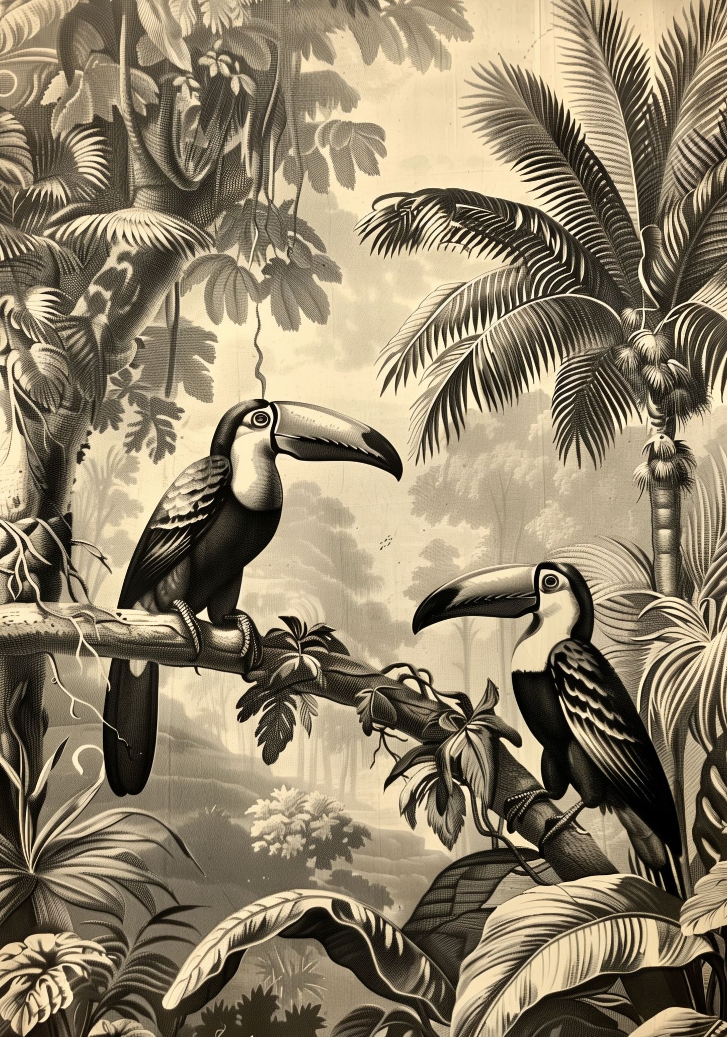 Vintage Toucan Jungle Poster – Antique Tropical Bird Wall Art, Monochrome Safari Print