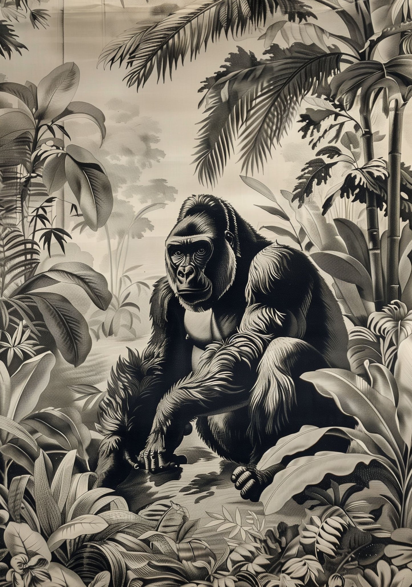 Vintage Gorilla Jungle Poster – Antique Safari Wall Art, Monochrome Wildlife Print