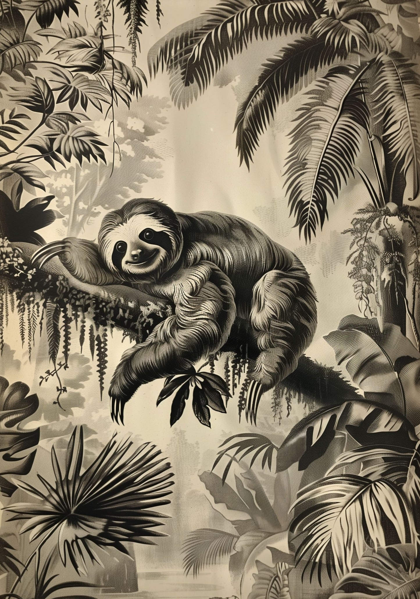 Vintage Sloth Jungle Poster – Antique Tropical Animal Wall Art, Monochrome Safari Print