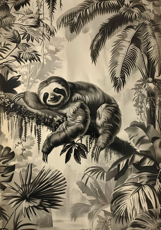 Vintage Sloth Jungle Poster – Antique Tropical Animal Wall Art, Monochrome Safari Print