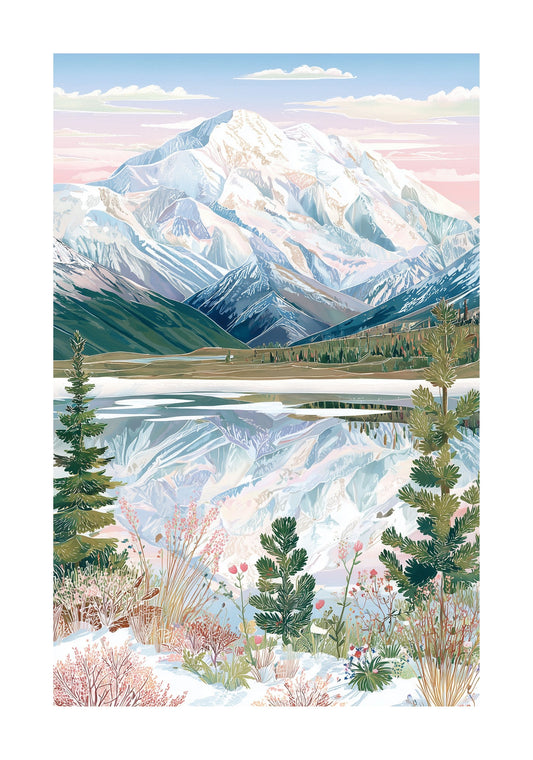 Denali National Park Mountain Poster — Alaska Snowy Peak & Lake Wall Art